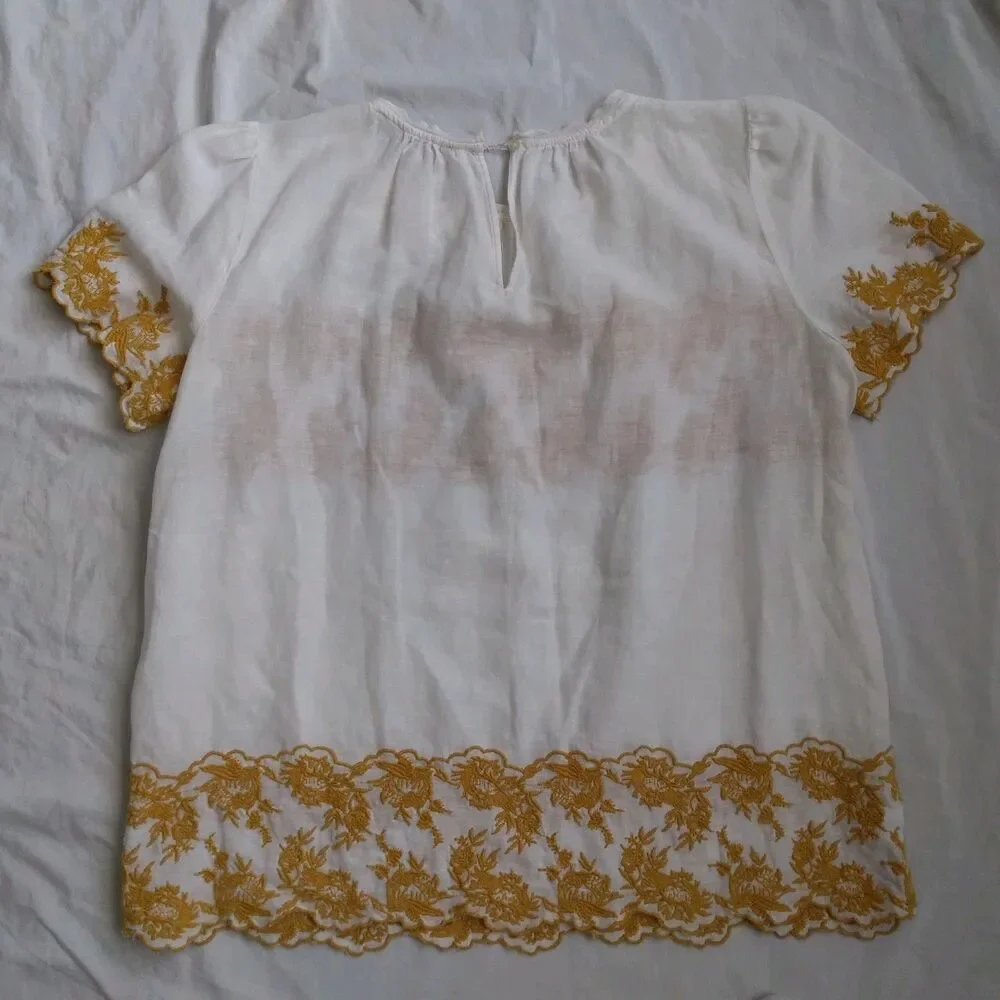 Ann Taylor Loft Blouse Linen Blend Embroided Peasant Boho Women's Size M - Picture 9 of 12